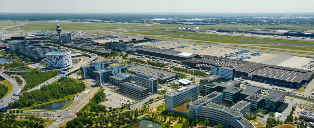 Aerial view of Amsterdam Schiphol airport in daylight